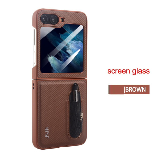 Case For Samsung Galaxy Z FLIP 3 - Carbon Fiber Texture Case with Front Cover Glass + S Pen & Holder ( Design - 118 )