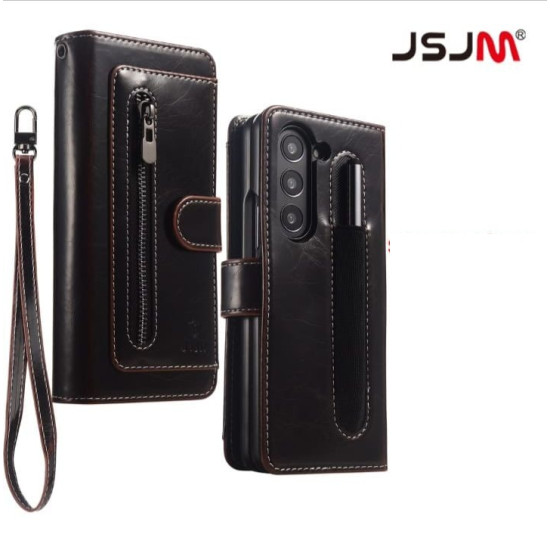 Galaxy Z Fold 7 - JSJM Book Leather Case With Card Holder + ZIP Wallet with Front Cover Glass For Galaxy Z Fold 7 (5G) ( Design - 119 )