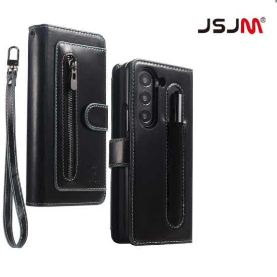 Galaxy Z Fold 7 - JSJM Book Leather Case With Card Holder + ZIP Wallet with Front Cover Glass For Galaxy Z Fold 7 (5G) ( Design - 119 )