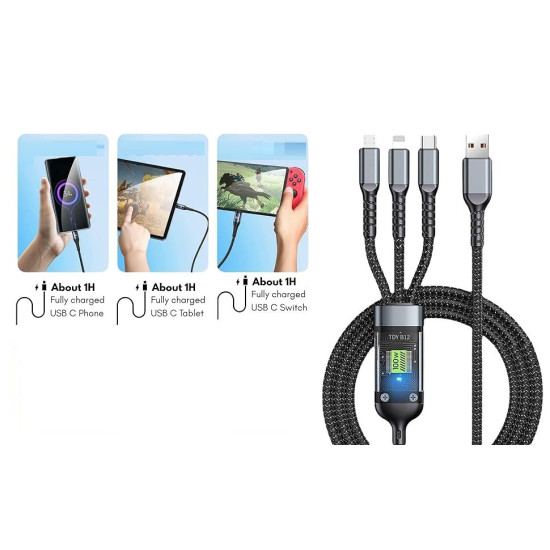 NUMBFISH - 3-in-1 Multi USB Charger, Type-C, Micro USB & Lightning, Durable Nylon Braided, Universal 100W Fast Charging