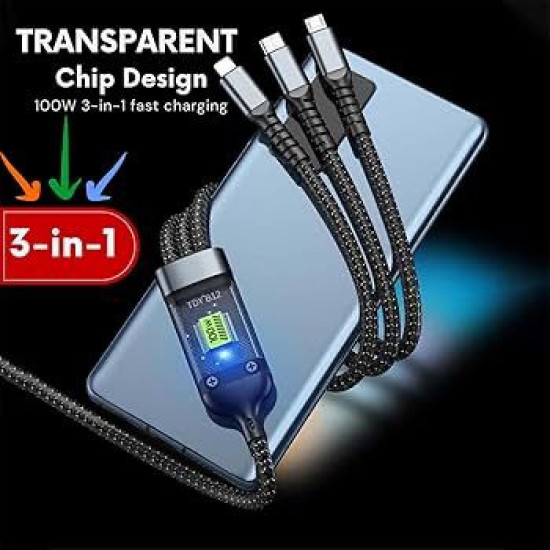 NUMBFISH - 3-in-1 Multi USB Charger, Type-C, Micro USB & Lightning, Durable Nylon Braided, Universal 100W Fast Charging