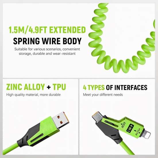 NUMBFISH - 4-in-1 USB C Cable, Multi Charger Cable With Breathing Light, Fast Charging With Spring Wire