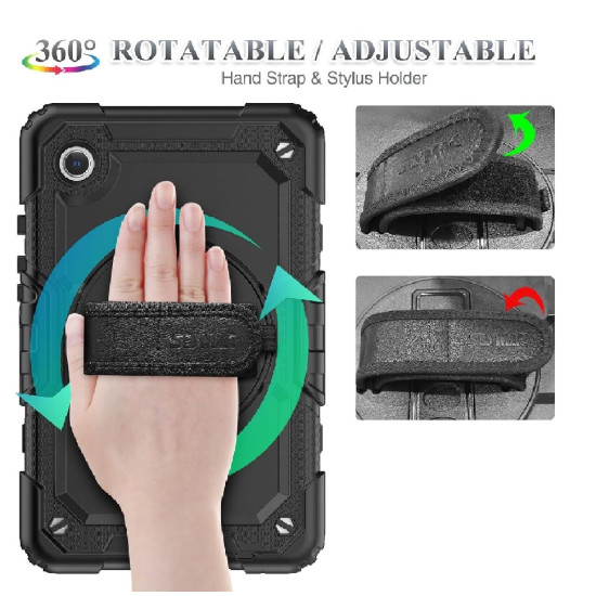 Shockproof Cover Case For Galaxy Tab A9 8.7"[2023] 360 Degree Rotating Hand Strap and Stand For Samsung Galaxy Tab A9 2023 SM-X110 / X115 / X117 