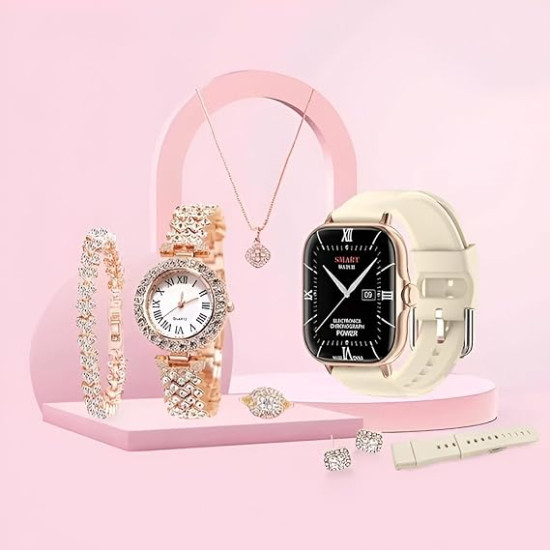 King Watch - A58 Plus Smart Watch Series with Women's Diamond Jewellery Set, Bluetooth Call, Sleep and 3 Pair Straps