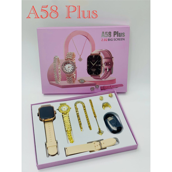 King Watch - A58 Plus Smart Watch Series with Women's Diamond Jewellery Set, Bluetooth Call, Sleep and 3 Pair Straps
