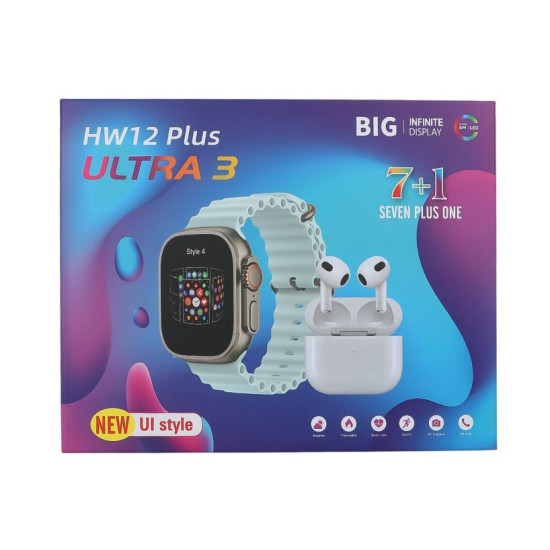 King Watch - HW12 Plus Ultra 3 Smart Watch Men Sports Smart Watch Bluetooth Call Magnetic Charging Watch 7 Straps + Wireless Earbuds